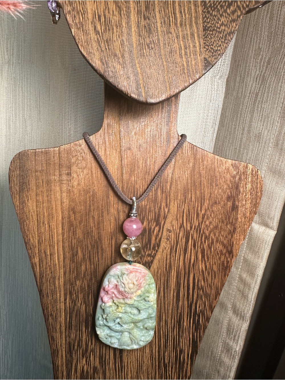 Ocean Jasper Dragon Pendant Necklace with Citrine and Rose Quartz on Brown Rope - Picture 15 of 16